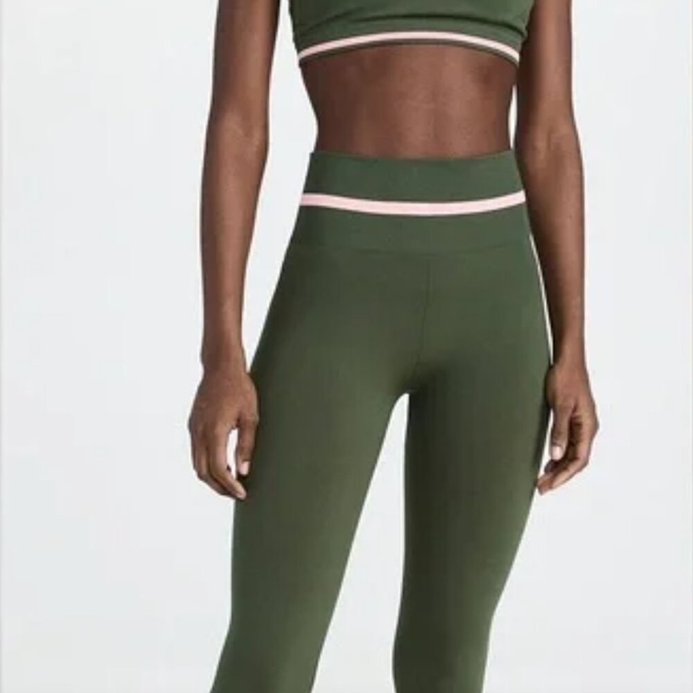 The Upside Form Seamless Midi Leggings Olive Green with Pink Stripe Size M